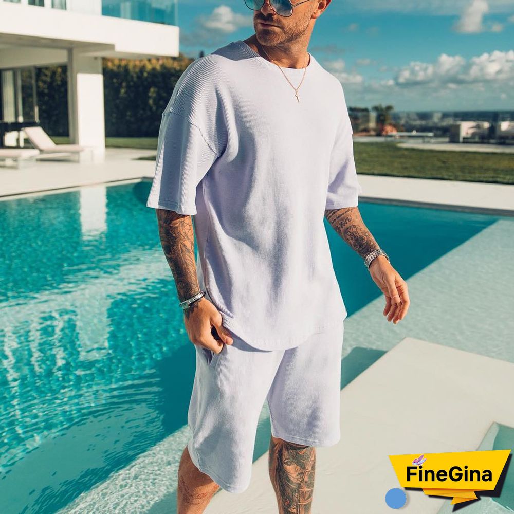 Men's Casual White Loose Short Sleeve T-Shirt Shorts Sports Suit