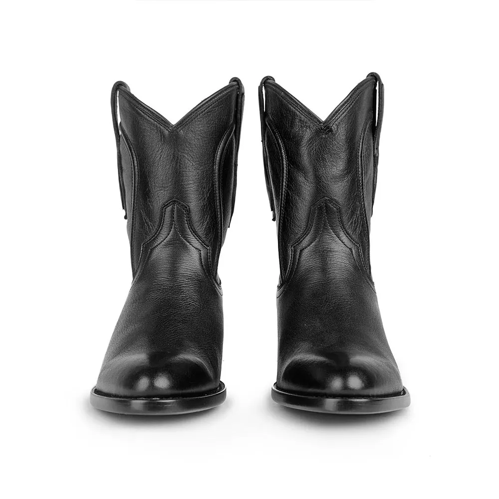 Black Faux Leather Closed Toe Chunky Heel Walking Pull On Cowgirl Boots