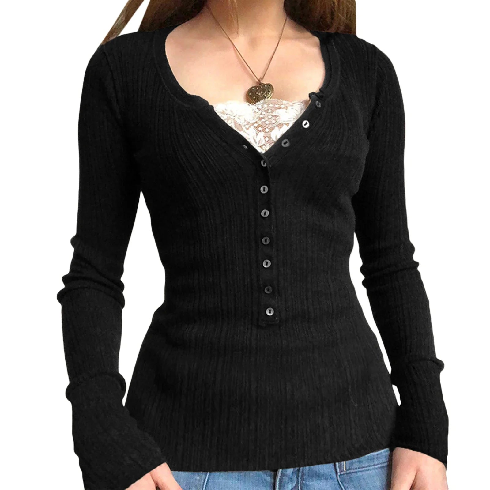 Aiertu FALL OUTFITS Womens Spring Autumn Slim Tops Black Long Sleeve Button Down Ribbed Skinny T-shirt Aiertu