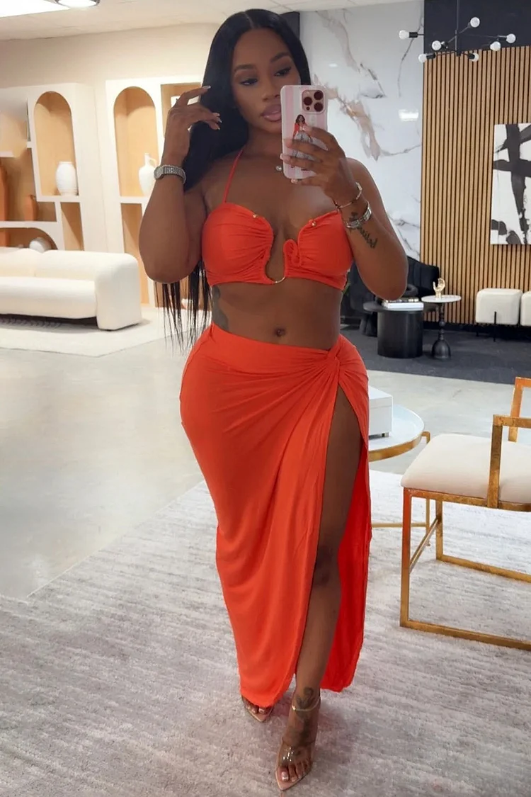 V-Wire Bra Halter Top Slit Maxi Skirt Vacation 2pcs Set-Teal [Pre Order]