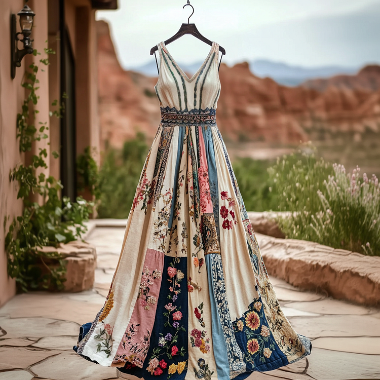 Women's Vintage Floral Art Cotton And Linen Dress