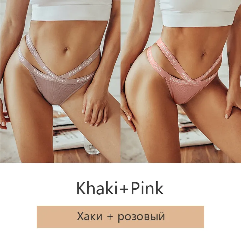 FINETOO 2Pcs/set Sexy Thongs Women Cotton G-string Panties Letter Bikini Underwear Girls Cross Belt Low-rise Underpants Lingerie