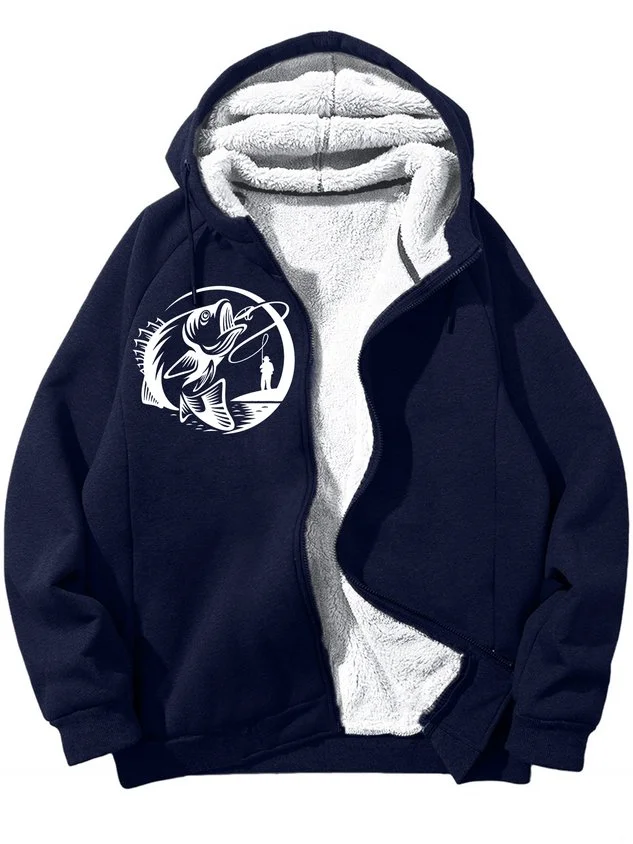 Men's Fishing Graphic Print Hoodie Zip Up Sweatshirt Warm Jacket With Fifties Fleece socialshop