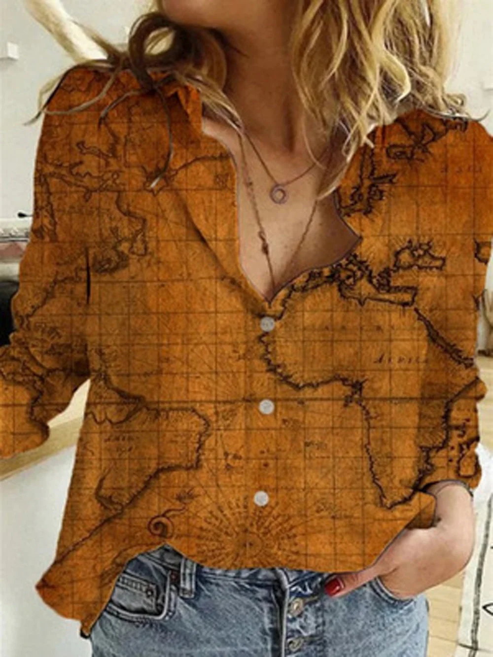 Uveng Map Straight Type Printed Long-sleeved Women's Shirt