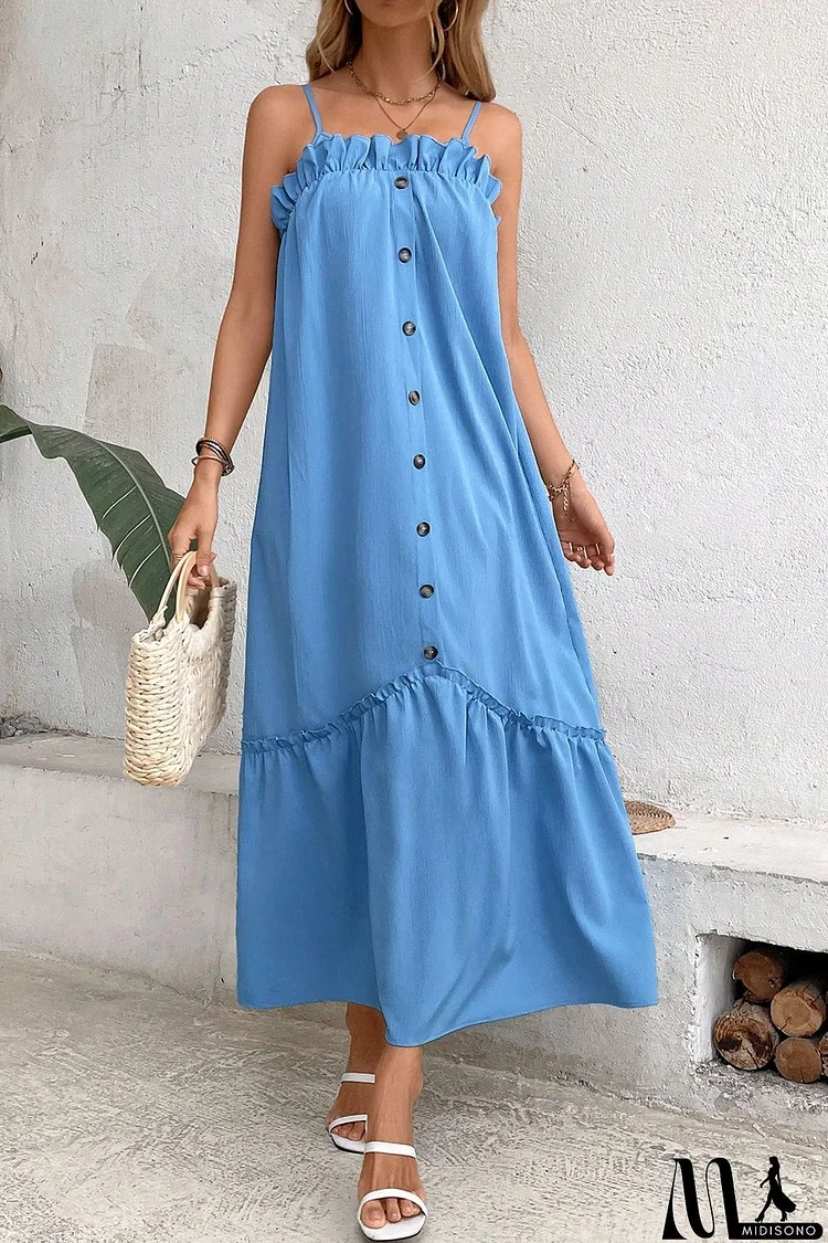 Ruffle Trim Buttoned Sleeveless Maxi Dress