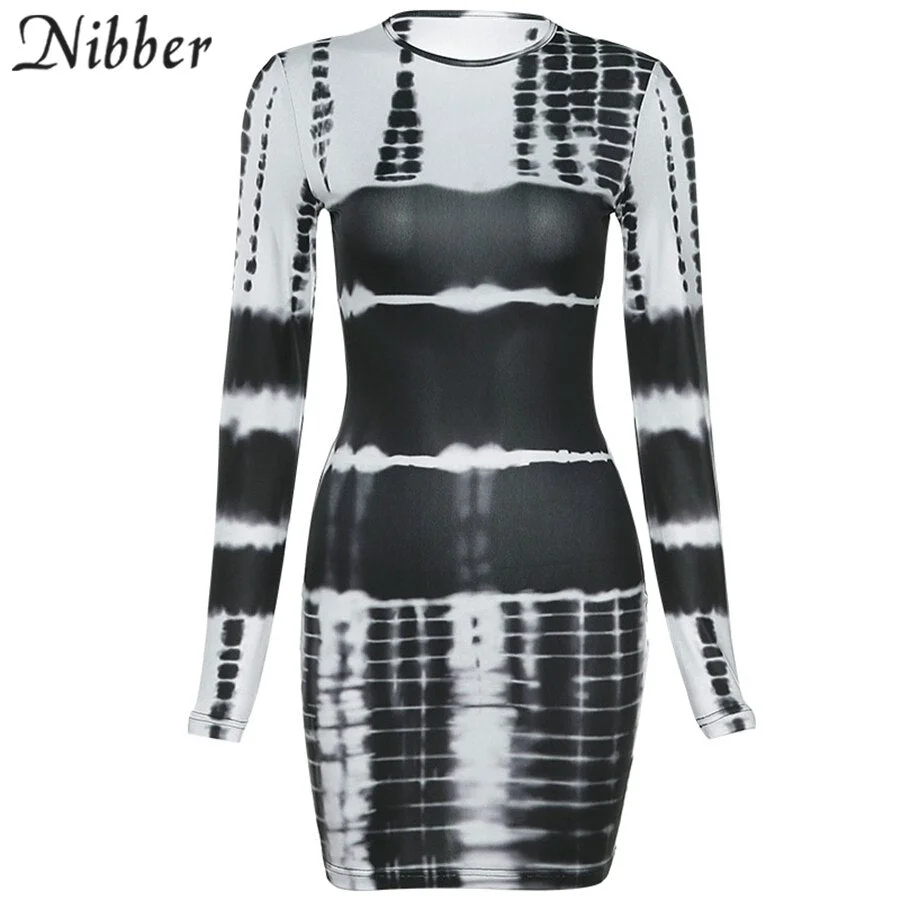 Nibber Y2K Summer Mini Long-Sleeved Dress Black White Tie-Dye Printing Stylish Personality Round Neck Slim Women Party Clubwear