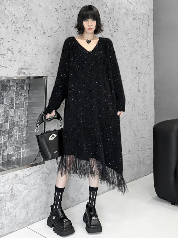 Contrast Color Sequined Shiny Split-Joint Tasseled Irregularity Long Sleeves V-Neck Sweater Dresses Midi Dresses