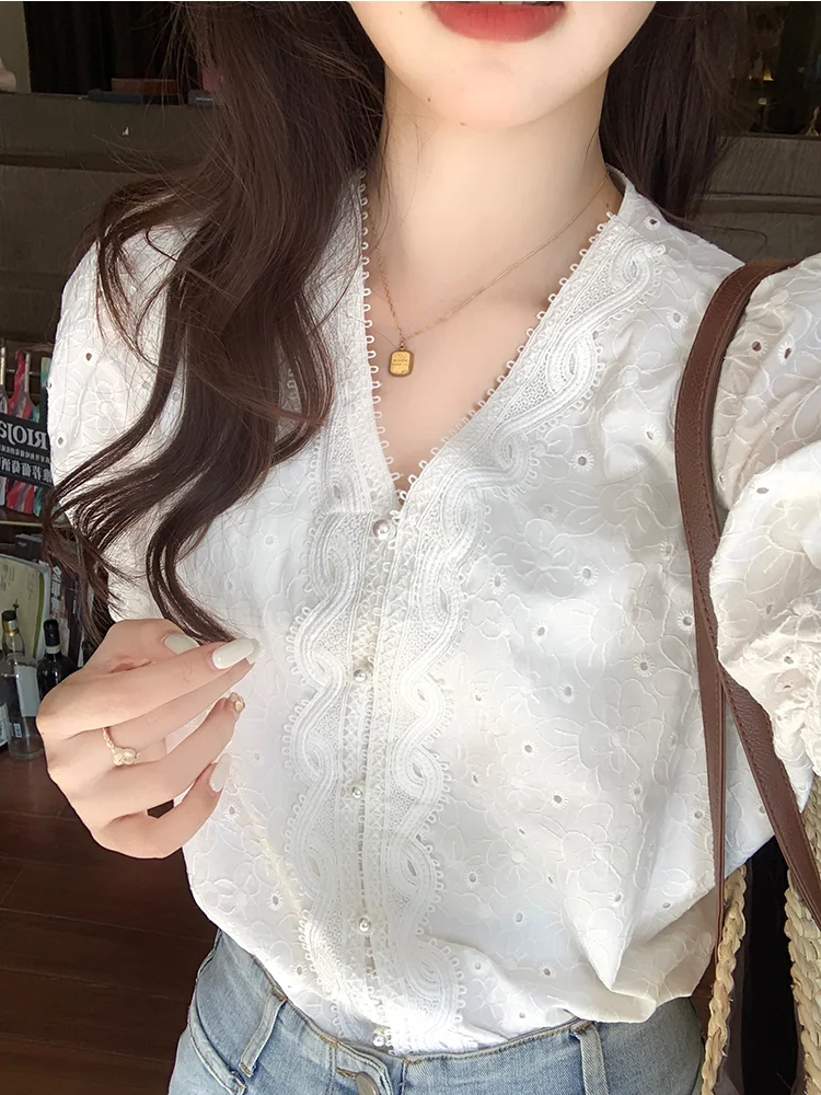 Applyw New French Style Cotton White Lace Tops Blouses Cute Girls Office Lady Single-Breasted Button Shirts Chic Korea Clothes