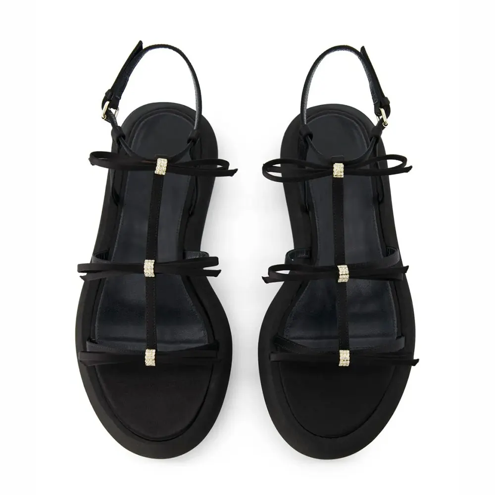 Black Round Toe Buckle Ankle Strap Rhinestone Bow Platform Sandals