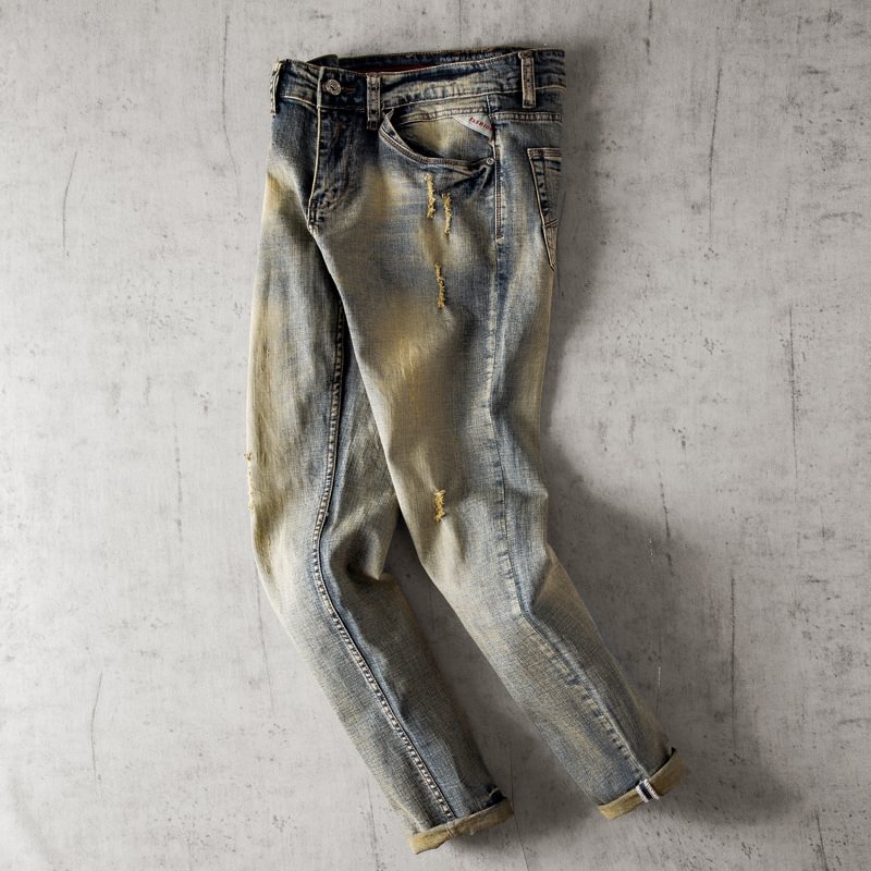 Vintage Ripped Denim Straight-leg Pants