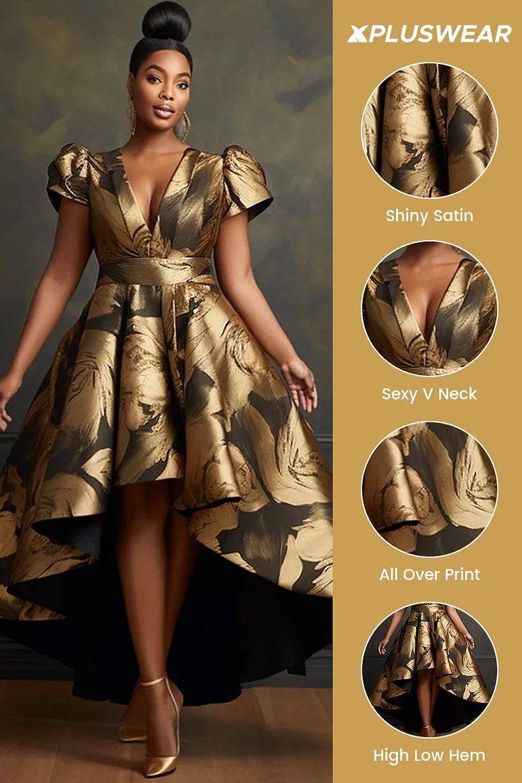 Xpluswear Design Plus Size Cocktail Party Gold All Over Print V Neck Puff Sleeve High Low Hem Elegant Satin Midi Dresses [Pre-Order]