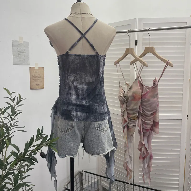 Uveng Asymmetrical Lotus Leaf Side Flower V-Neck Sling Vest Dyed Mesh Cross-Sleeveless Top 6109