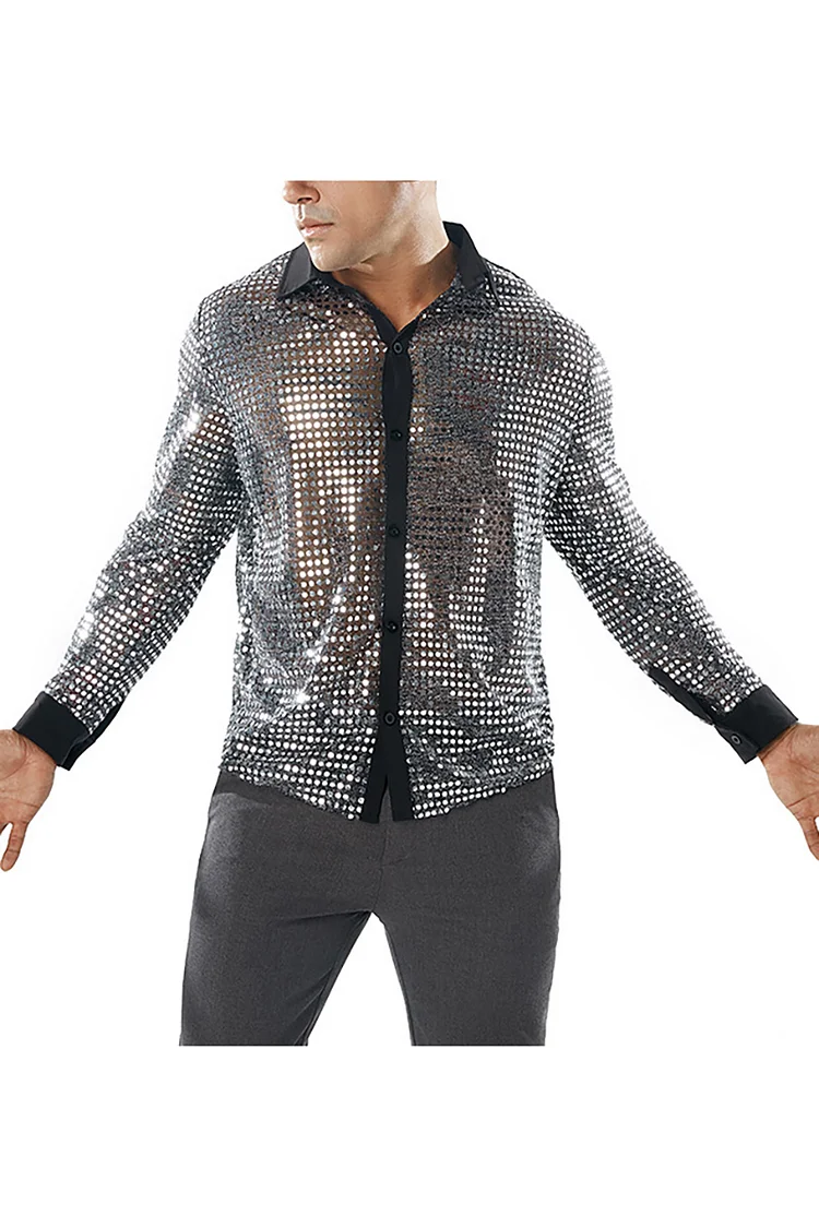 Men's Silver Sequin Long-Sleeved Turndown Collar Shirt