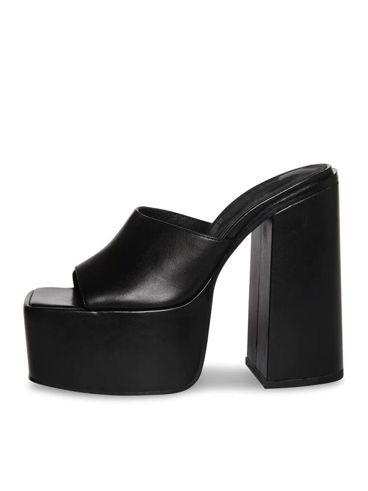 Square Toe Leather Platform Chunky Heel Slippers Sandals