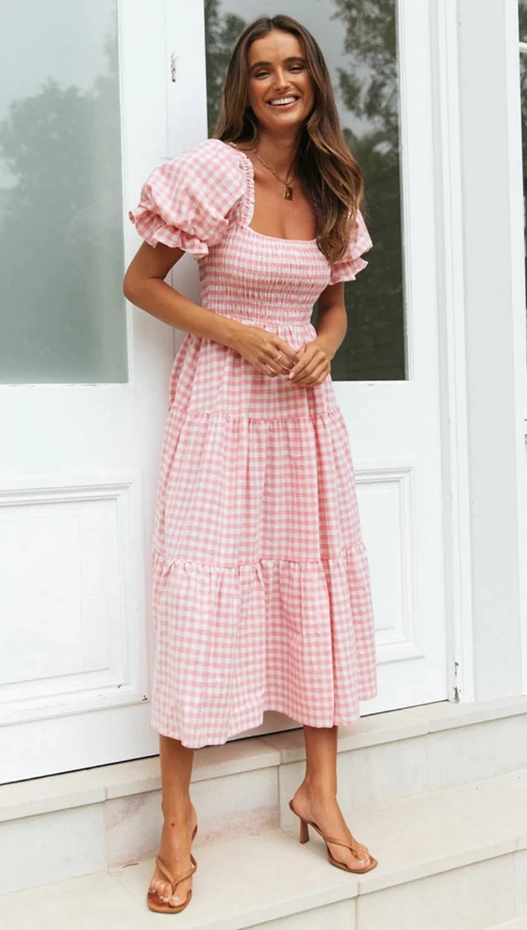 Women Puff Sleeve Square Neck Vintage Checked Plaid Maxi Dress Holiday Party Prom Dresses Kleid Plus Size