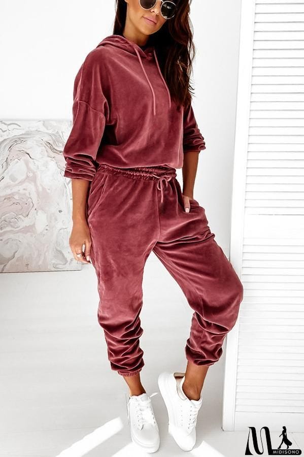 MidiSono - Velvet Drawstring Hooded Joggrt Set