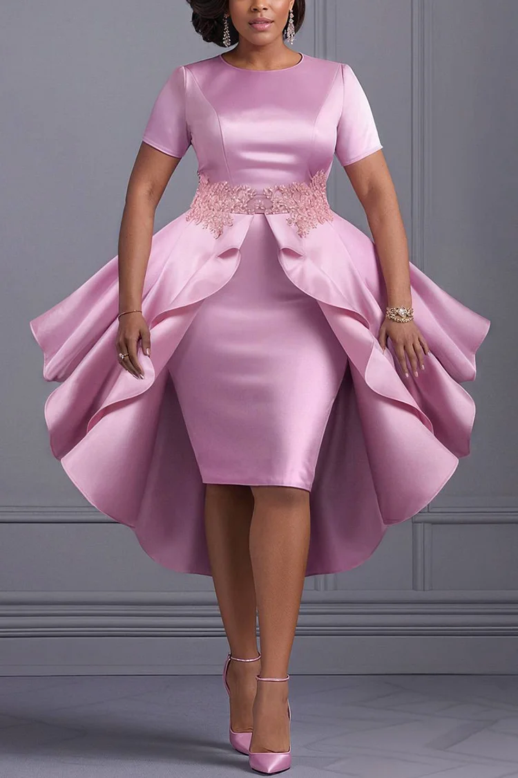 Xpluswear Design Plus Size Mother Of The Bride Pink Round Neck Short Sleeve With Skirt Overlay Elegant Bodycon Midi Dresses [Pre-Order]