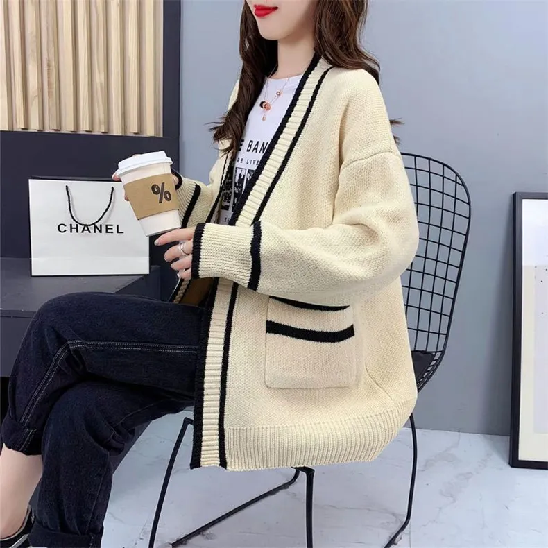 Churchf And South Korea Autumn And Winter New Korean Version Loose In Long Pocket College Fashion Sweater Cardigan Coat Female Sweater