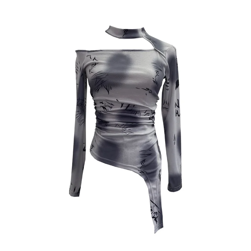 Churchf Long-Sleeved Irregular Design Small T-Shirt Women's Autumn Dress Print Hollow Tight Hottie Top 1108