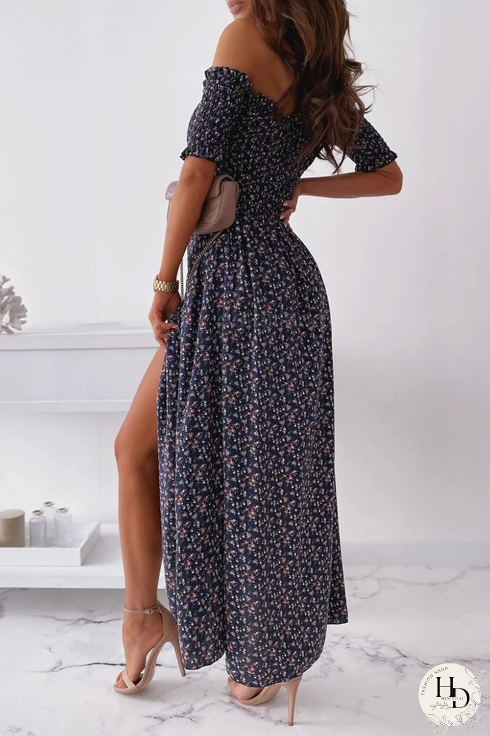 Elegant Floral Slit Fold Off the Shoulder Waist Skirt Dresses(5 Colors)