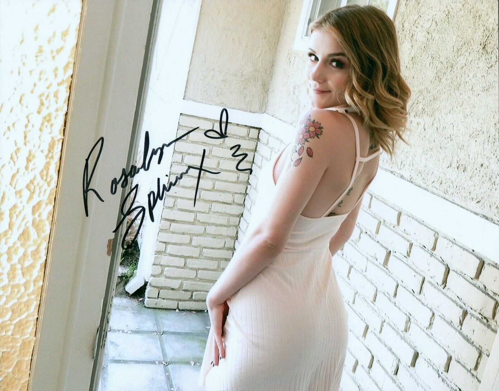 Rosalyn Sphinx In A White Dress Signed 8x10 Photo Poster painting Adult Model COA Proof 1