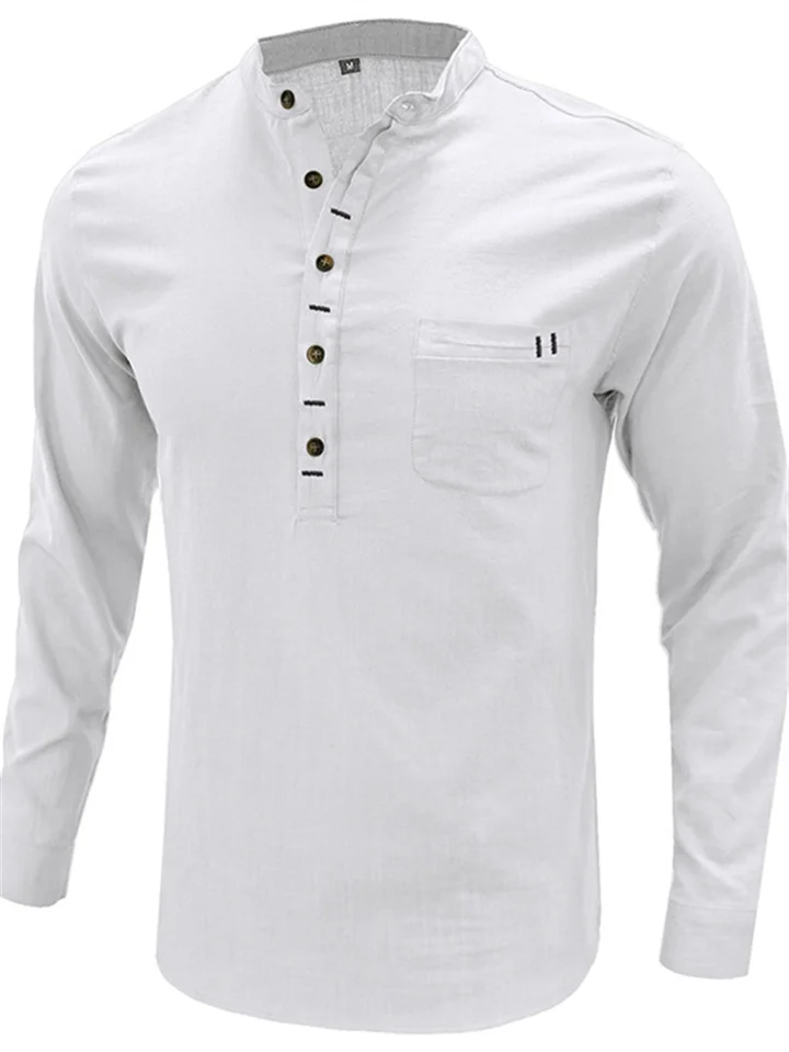 Standing Collar Men's Cotton Linen Shirt Long-sleeved Henry Collar Shirt Loose Men's Linen Shirt-Hoverseek