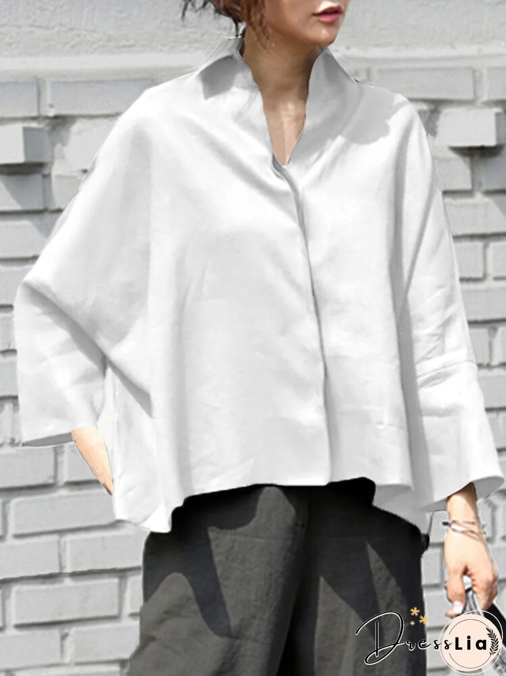 Plain Lapel Loose High-low Hem Long Sleeve Casual Shirt