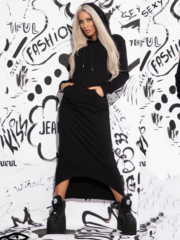 Letter Print Long Sleeves Hooded Maxi Dresses