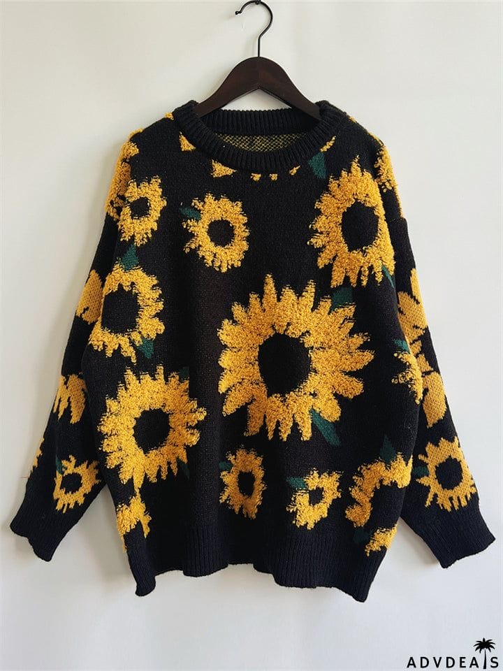 Female Sunflower Crew Neck Pullover Knit Sweater
