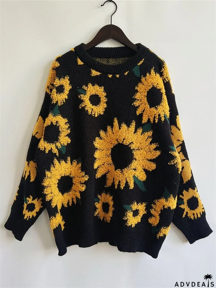 Female Sunflower Crew Neck Pullover Knit Sweater