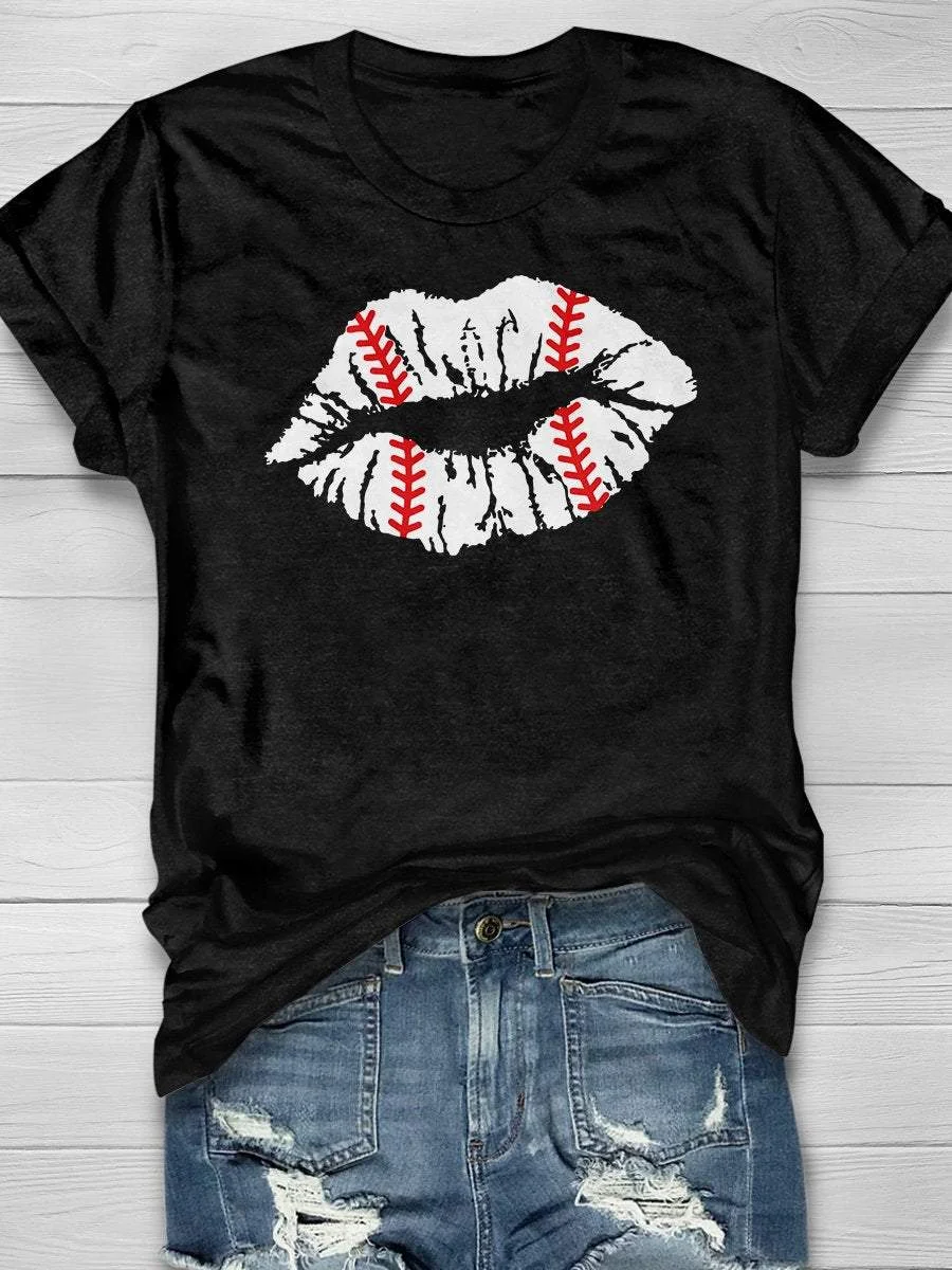 Baseball Mom Lips Print Short Sleeve T-shirt