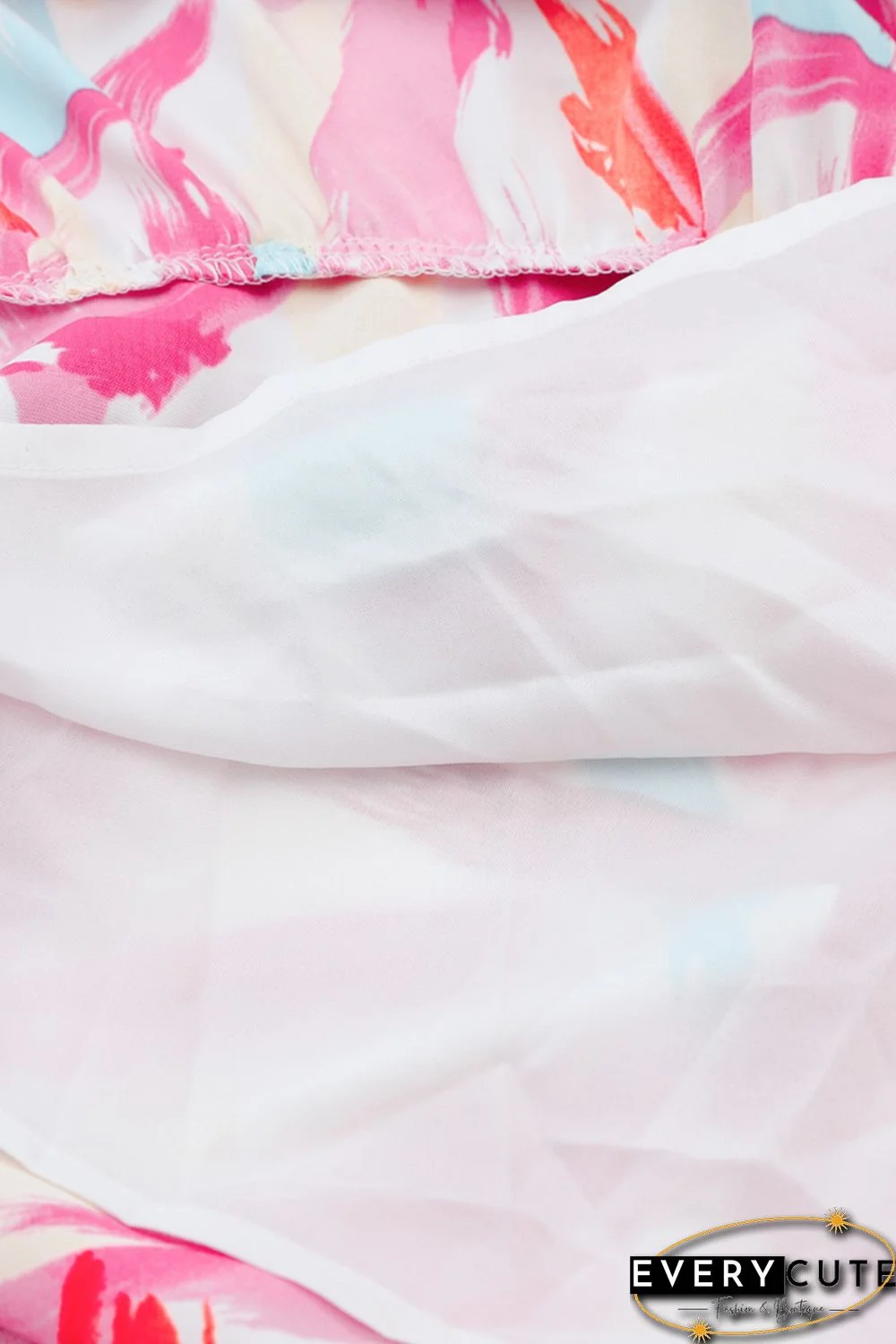 Pink Brush Stroke Printed Smocked Ruffle Tiered Dress