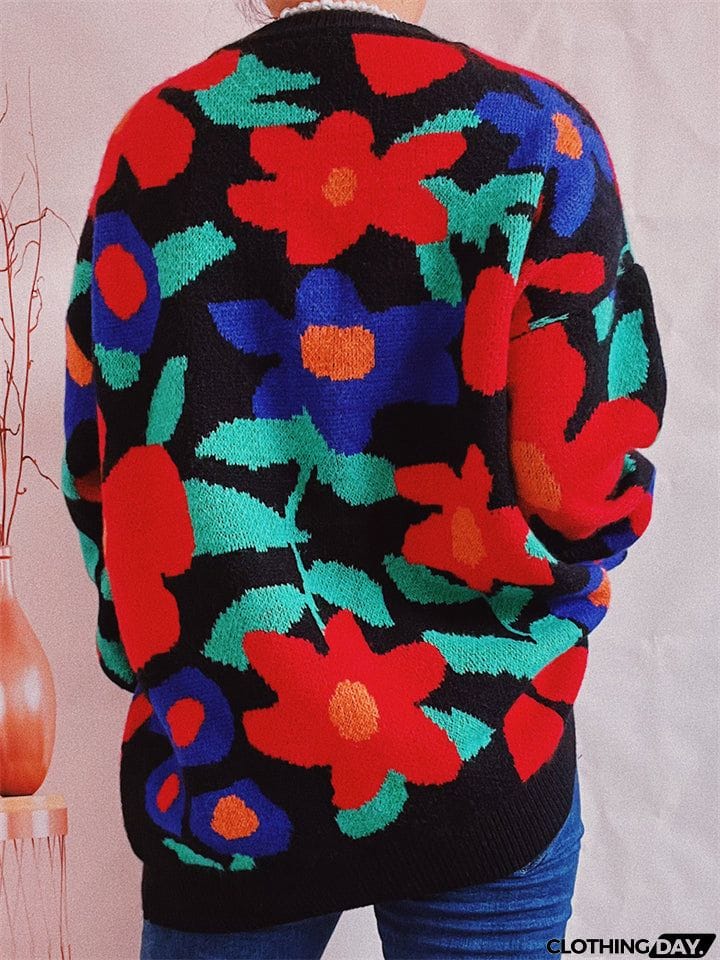 Casual Round Neck Floral Pullover Sweater