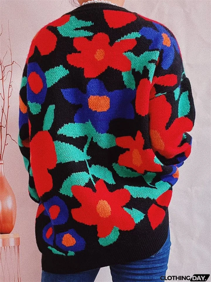 Casual Round Neck Floral Pullover Sweater