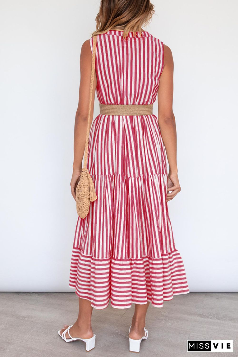 Casual Elegant Striped Flounce Without Belt V Neck A Line Dresses