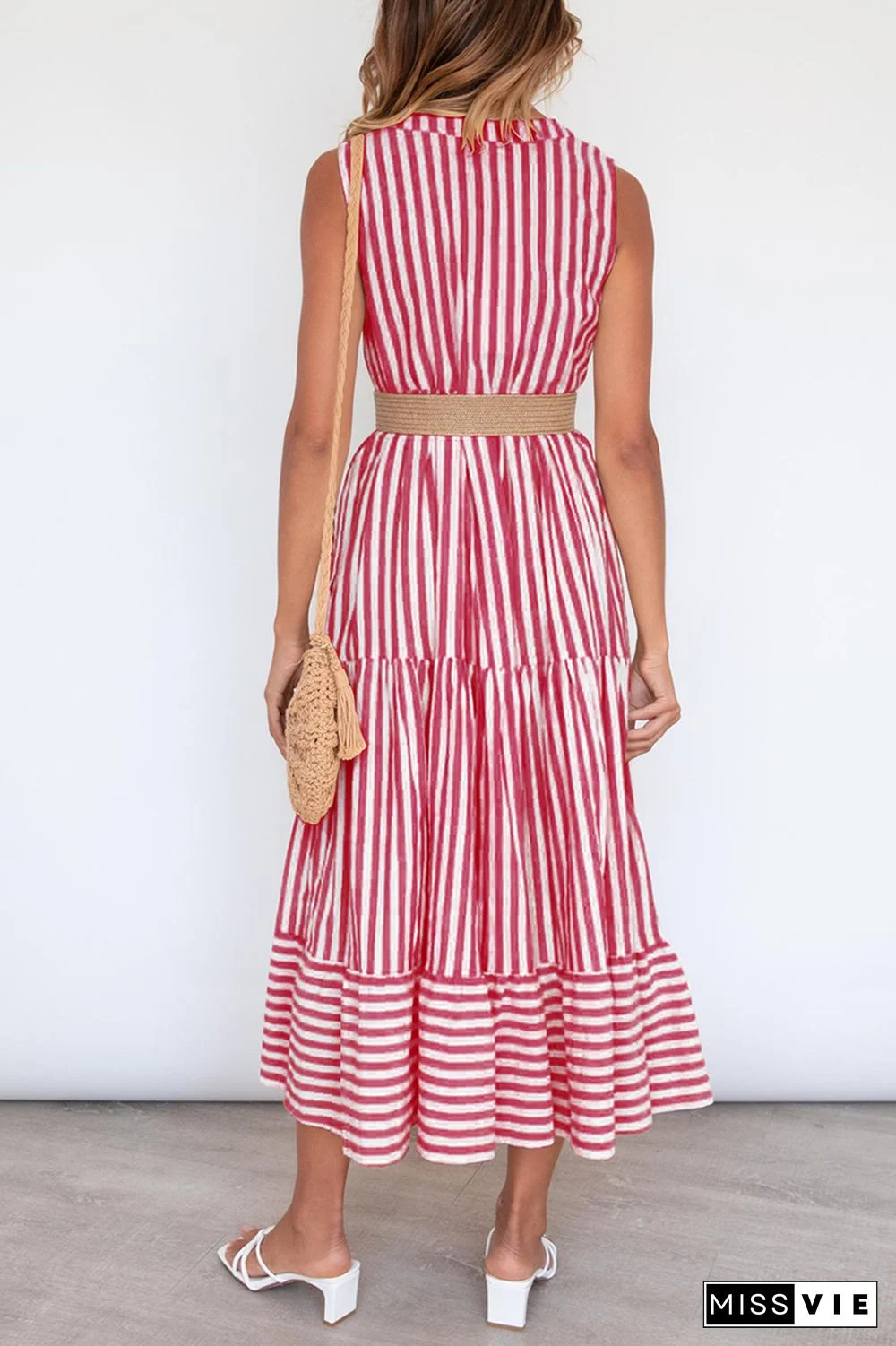 Casual Elegant Striped Flounce Without Belt V Neck A Line Dresses