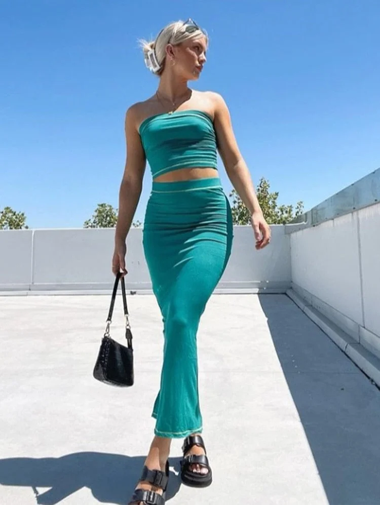 Tawnie Elegant Y2K Beach Dress Sets Women Sexy Strapless Crop Top Midi Skirt 2 Piece Sets Matching Sets 2022 Summer Outfits