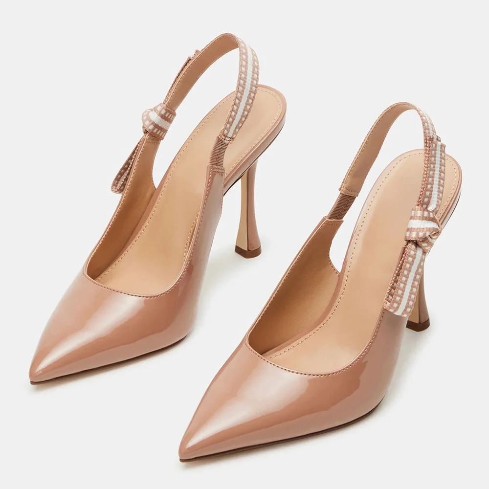 Patent Leather Stiletto Heel Slingback Bow Accent Nude Pumps