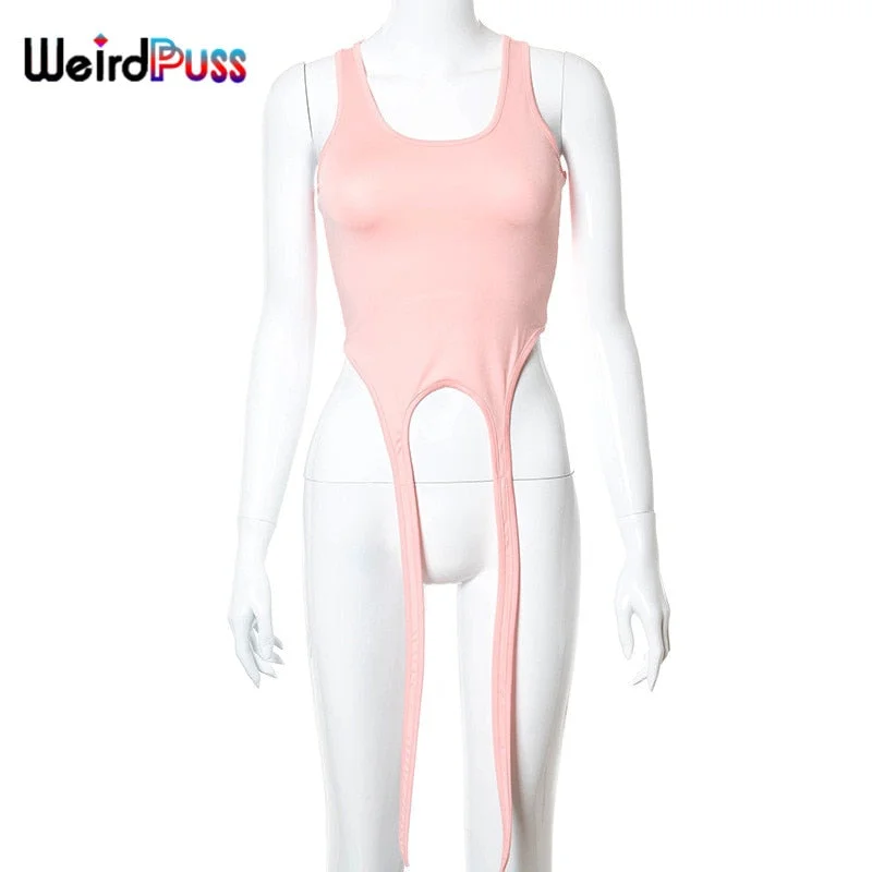 Weird Puss 2021 Summer Women Sleeveless Tank Top Skinny Basic Solid Long Ribbon Tops Fashion Sling Streetwear Female Casual Vest
