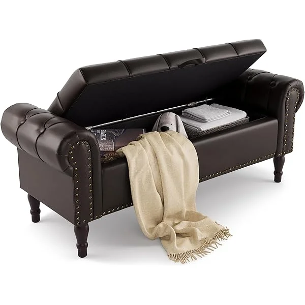 Storage Bench, 50”Queen Faux Leather Tufted Button End of Bed Bench with Rolled Arm and Nailhead Trim, Upholstered Bedroom Bench, Ottoman Bench for End of Bed, Livingroom, Entryway, Dark Brown 50.7"D x 17.1"W x 19.6"H Dark Brown