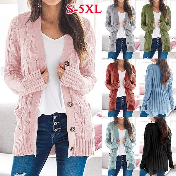 9 Colors Autumn Winter Women's Fashion Oversized Loose Cardigan Sweater Casual Solid Color Knitted Sweater with Pocket Plus Size S-5XL - Shop Trendy Women's Fashion | TeeYours