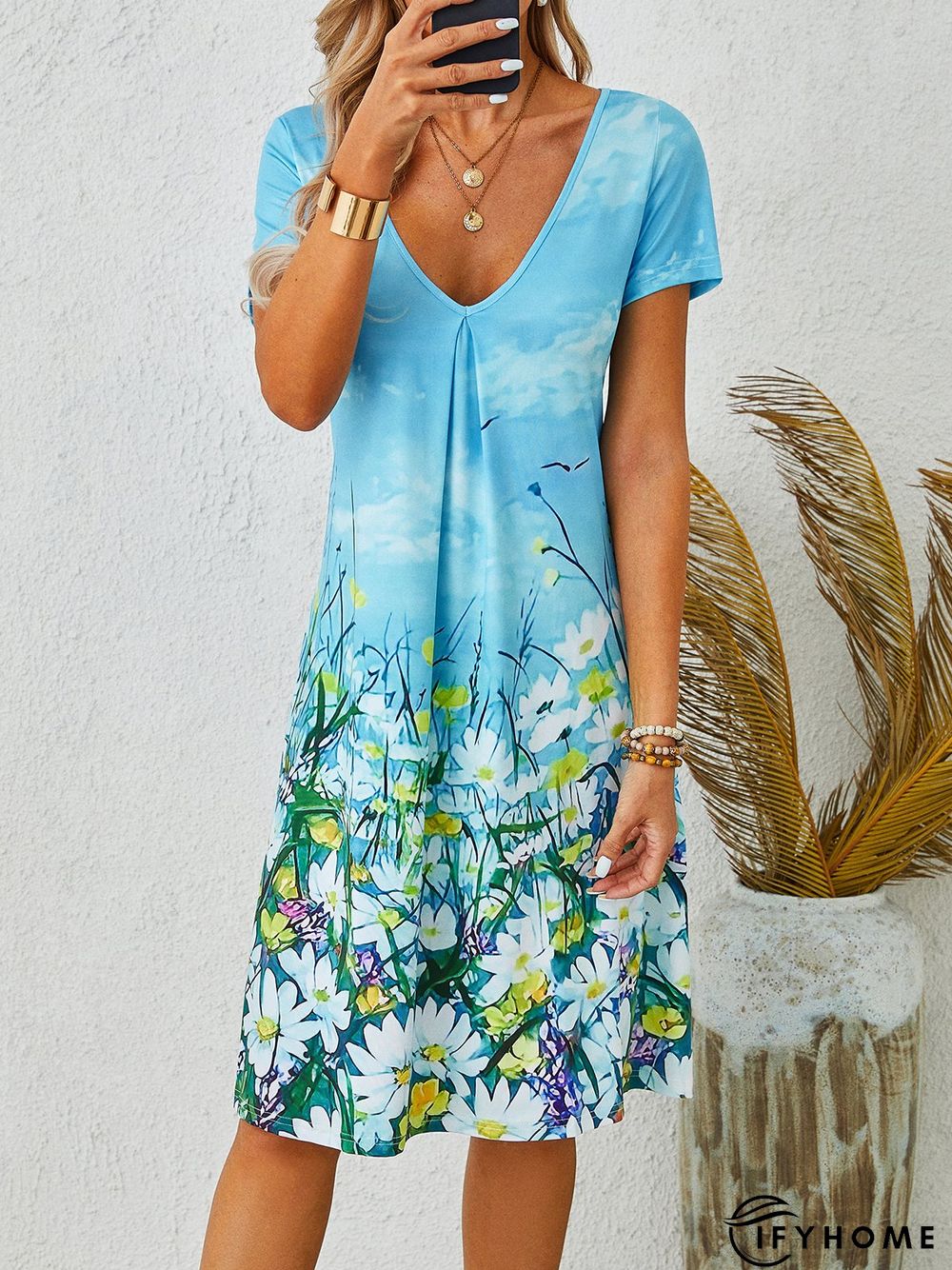 Casual Floral Loosen Short Sleeve Knit Dress | IFYHOME