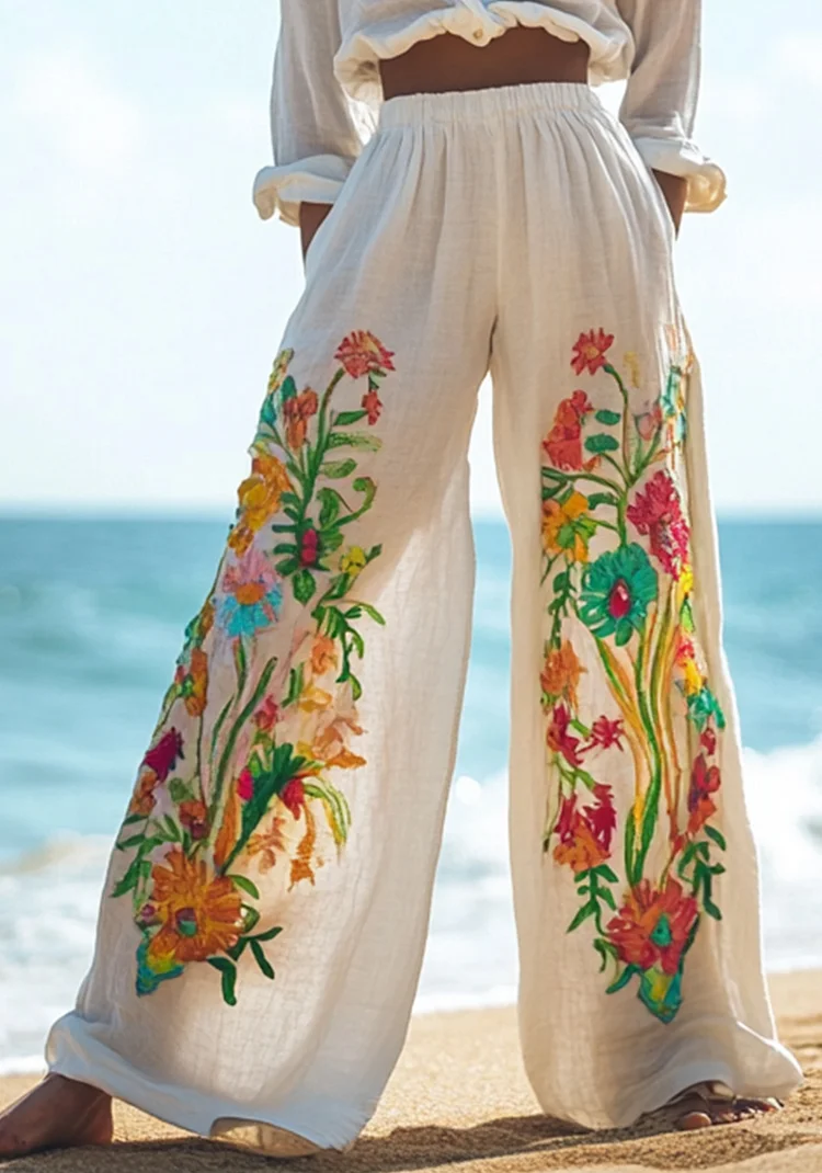Women's Floral Embroidery Art Linen Casual Pants