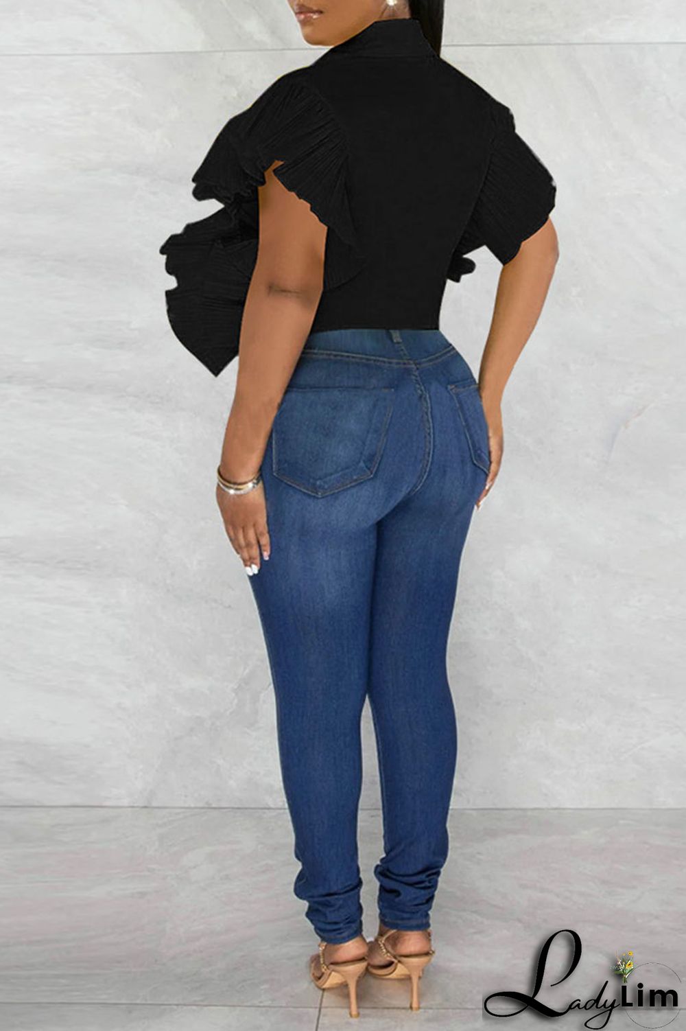 Rose Red Casual Solid Patchwork Buckle Flounce Turndown Collar Tops