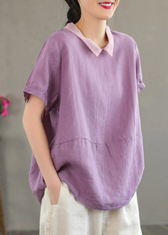 Stylish Purple Peter Pan Collar Patchwork Button Linen Shirts Short Sleeve