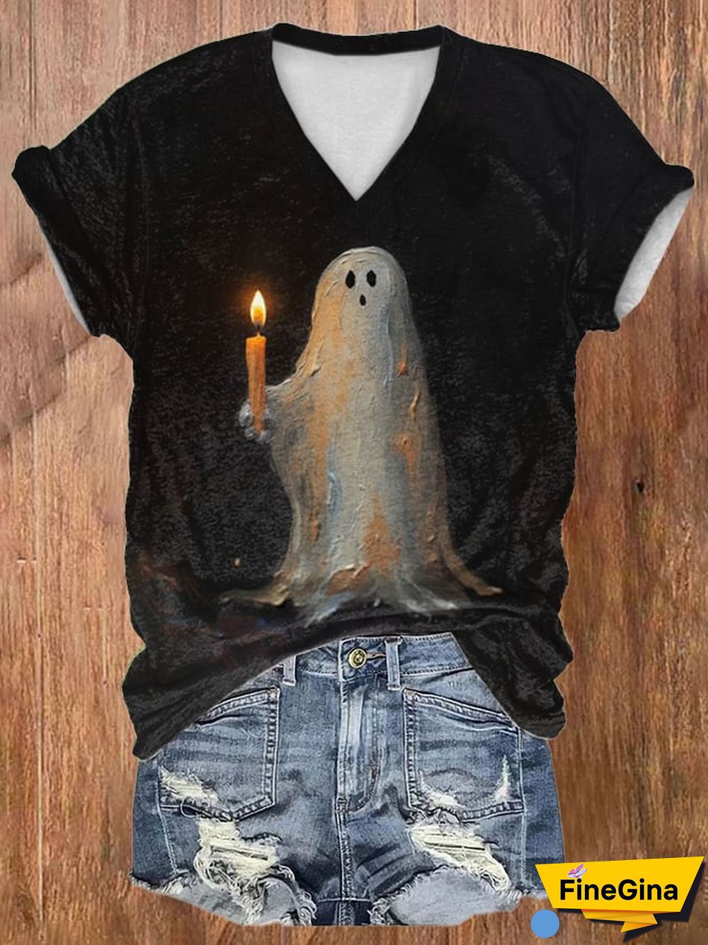 V-neck Retro Ghost Painting Candle Print T-Shirt