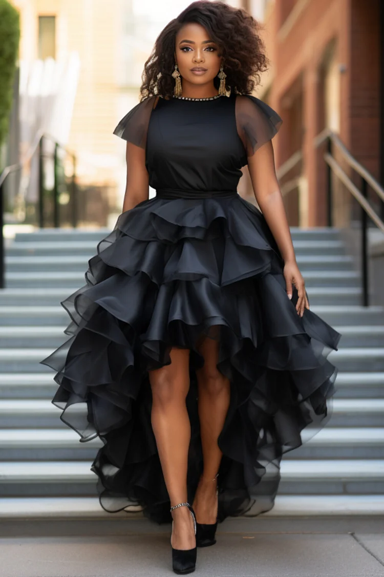 Xpluswear Design Plus Size Prom Black Off The Shoulder Short Sleeve High Low Hem Vintage Ruffle Organza Midi Dresses [Pre-Order] 2024 - Xpluswear