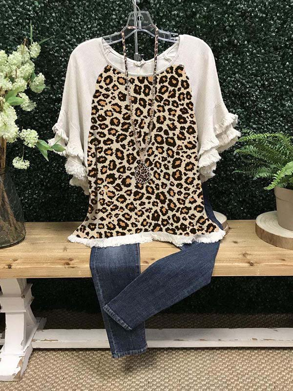 Casual Short Sleeve Crew Neck Leopard-print Shirts & Tops