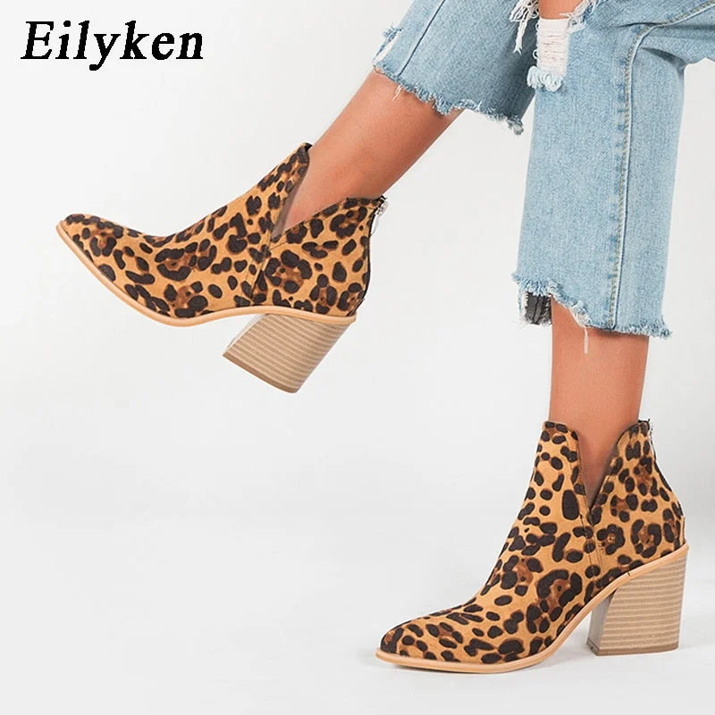 EilyKen Autumn Winter Casual Western Cowboy Ankle Boots Women Snake Cowgirl Booties Short Cossacks Botas High Heels Shoes