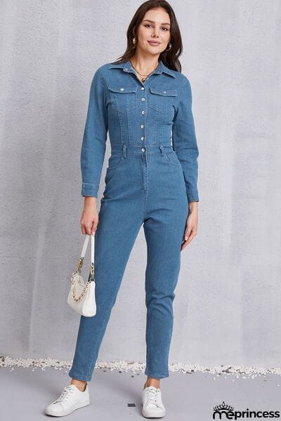 Snap Down Denim Jumpsuit with Pockets